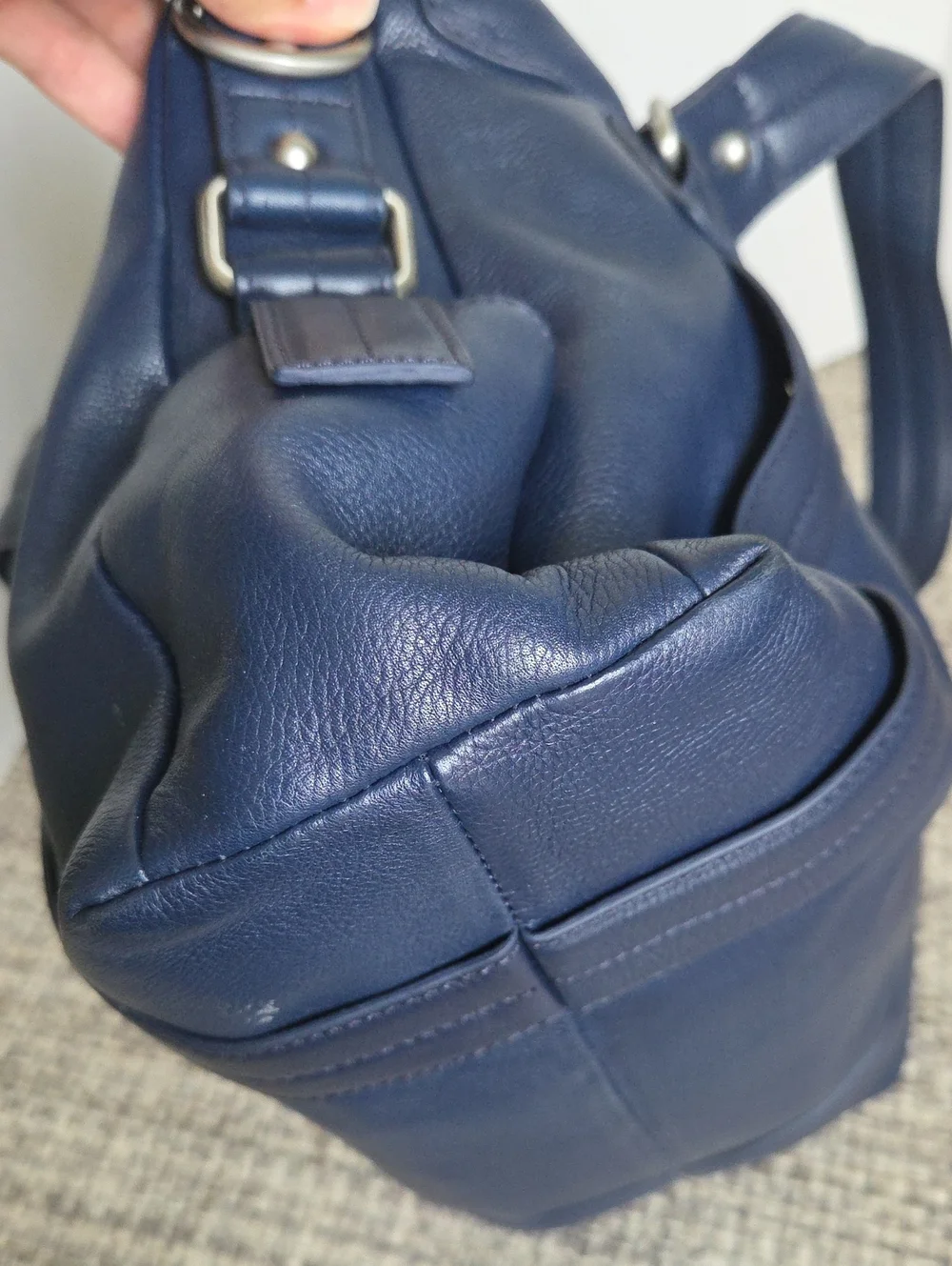 ECCO Navy Blue Hrained Leather Top-Handle Satchel Bag